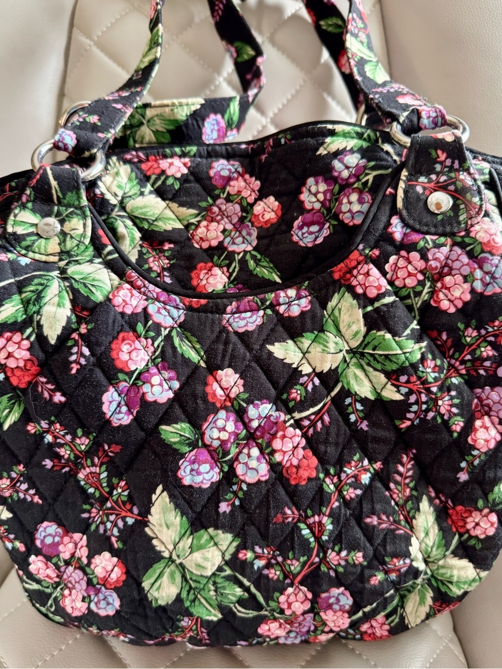 Vera Bradley Black Quilted Tote with Pink & Red Floral Print - Picture 2 of 6